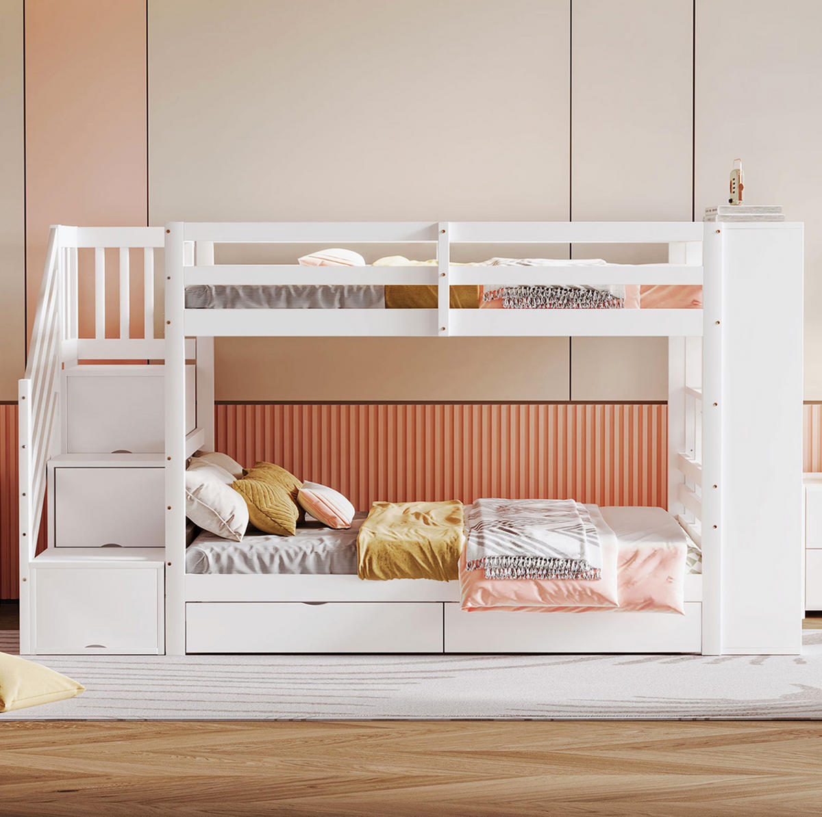 ETAGENBETT 90/200 cm mit Sicherheitstreppe, Stauraum und Lattenrost aus Kiefern, Weiß - Weiß, Holzwerkstoff (90/200cm) - Redom