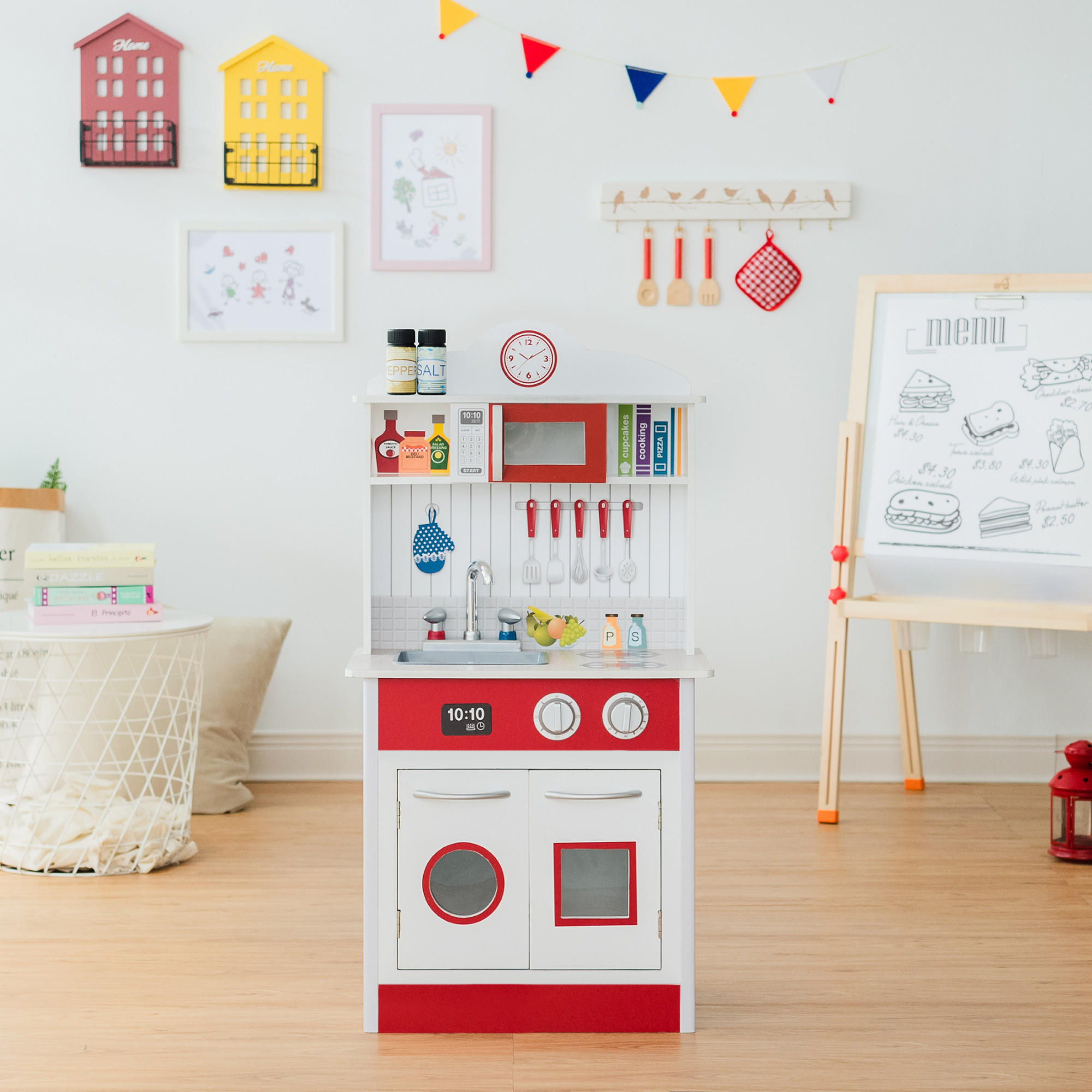 KINDERKÜCHE Spielküche, Rot/Weiß, 93cm - Rot, Holzwerkstoff (48/32/93cm) - Teamson Kids