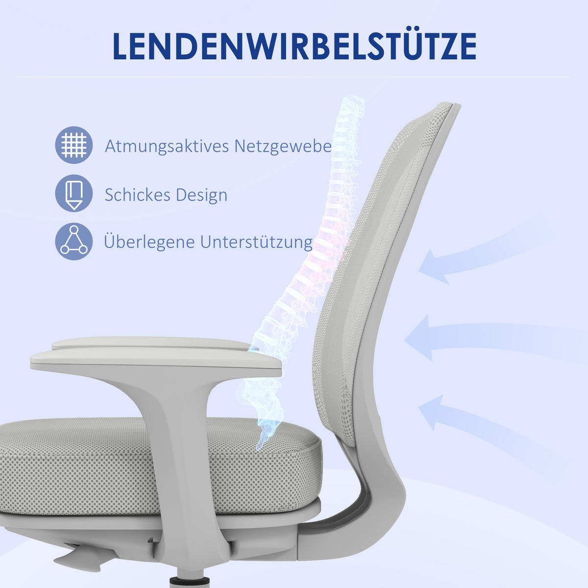 BÜROSTUHL, Ergonomisch Schreibtischstuhl mit Drehfunktion, Höhenverstellbar - Weiß/Grau, Kunststoff (48/94.5/55cm) - Vinsetto