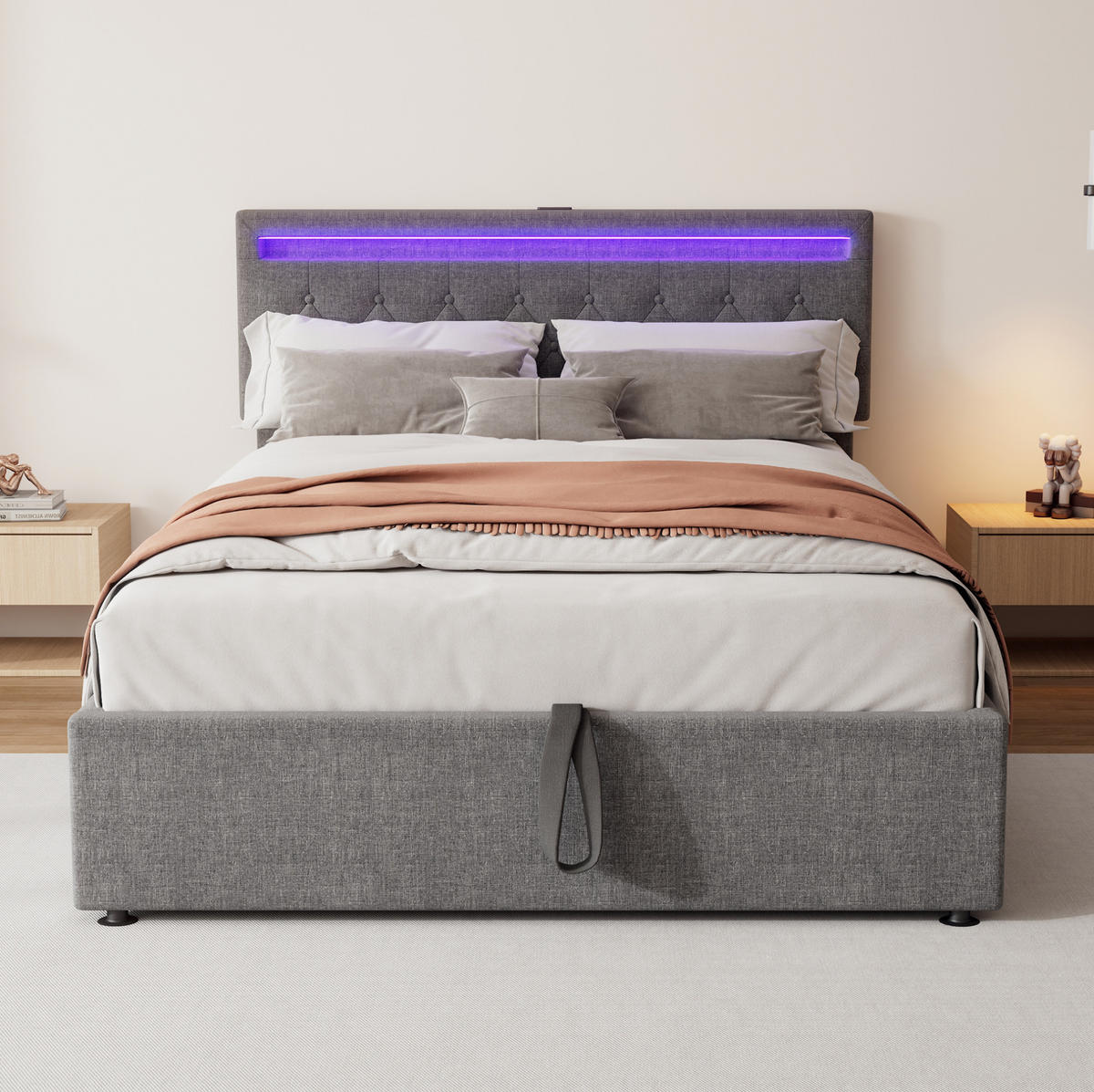 POLSTERBETT 140/200 cm Grau mit hydraulischer Hebevorrichtung und LED-Beleuchtung - Grau, Textil (140/200cm) - OKWISH