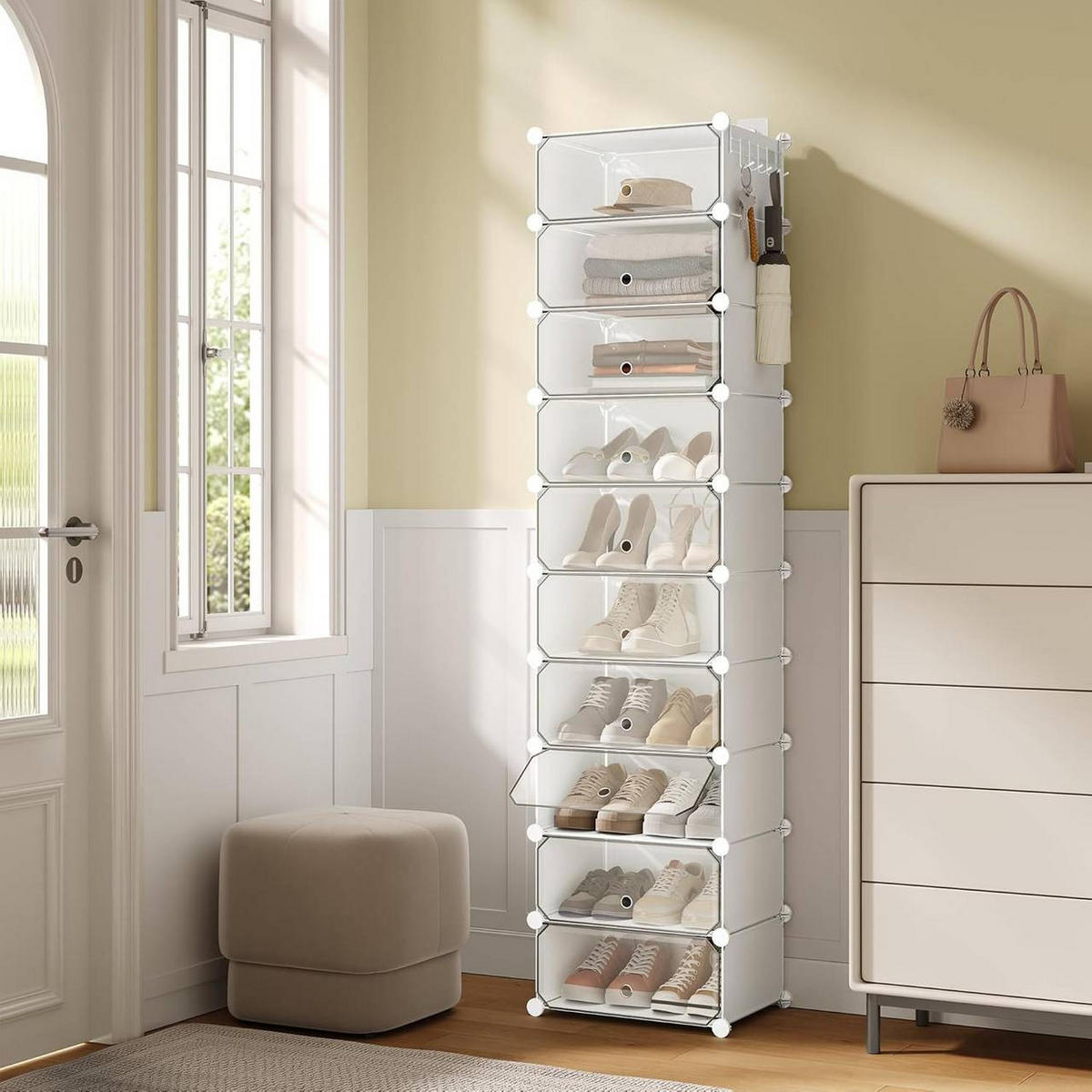 SCHUHBOX 10 Fächer, mit Haken, 40x30x170 cm, Weiß - Weiß, Kunststoff/Metall (40/170/30cm) - Woltu