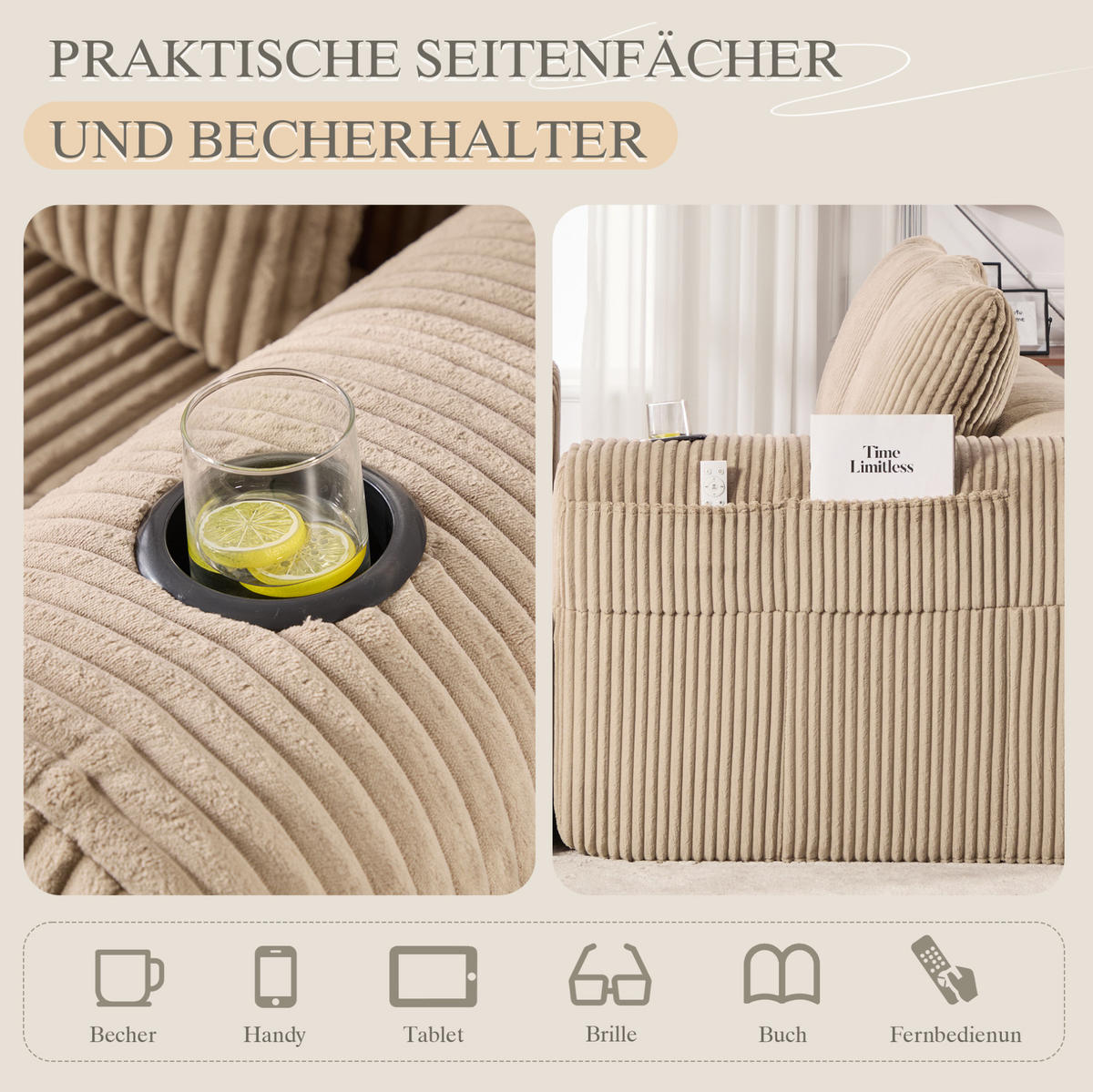 DVOUMÍSTNÁ pohovka 158/93/61 cm khaki z kordurové látky s bočními kapsami a držáky nápojů - písková barva, textil (93/61/158cm) - OKWISH