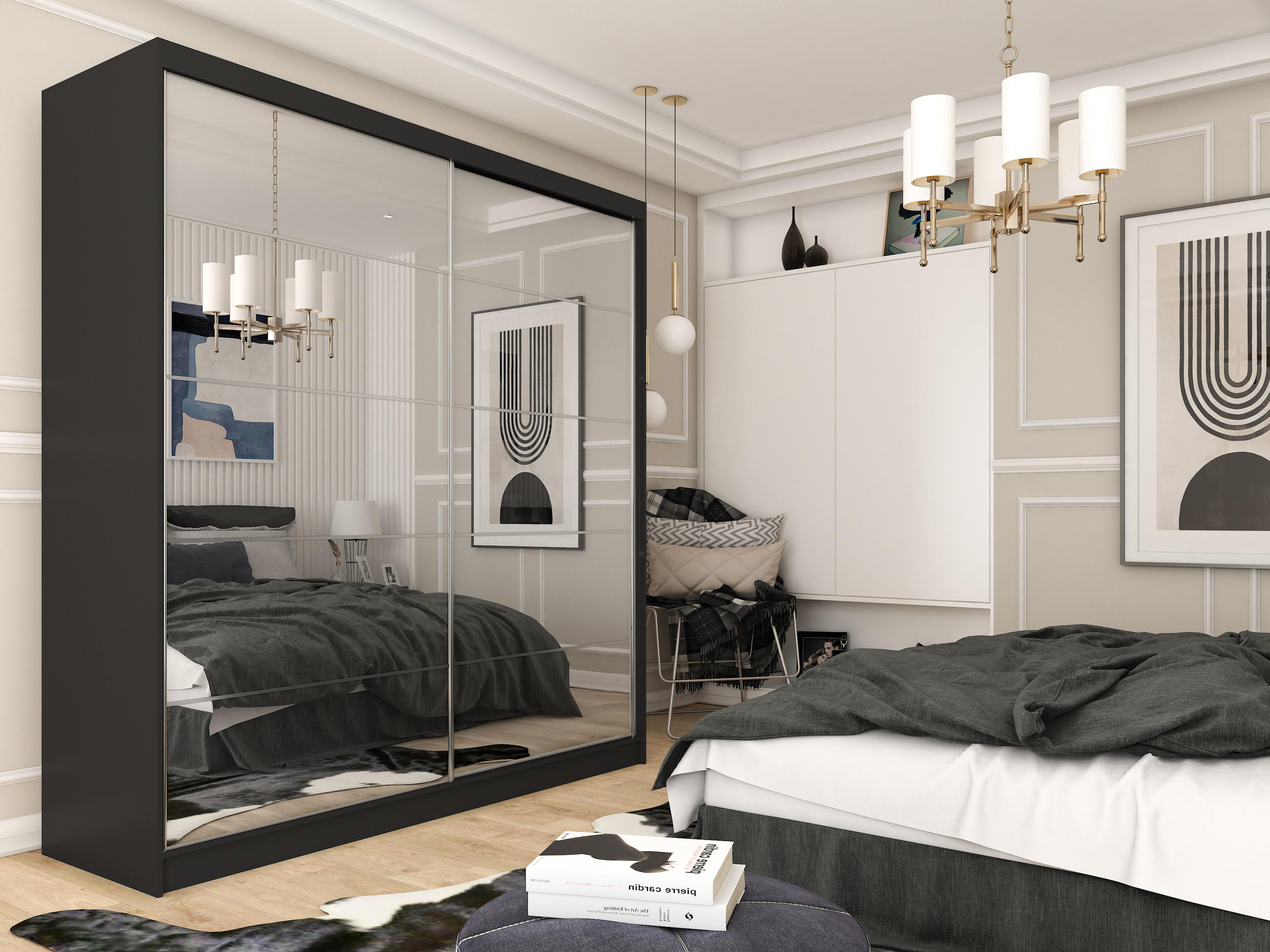 SCHWEBETÜRENSCHRANK FIORELLA 200/216/61 cm 2-türig mit Spiegel Schwarz - Schwarz, Holzwerkstoff (200/216/61cm) - MASSENO