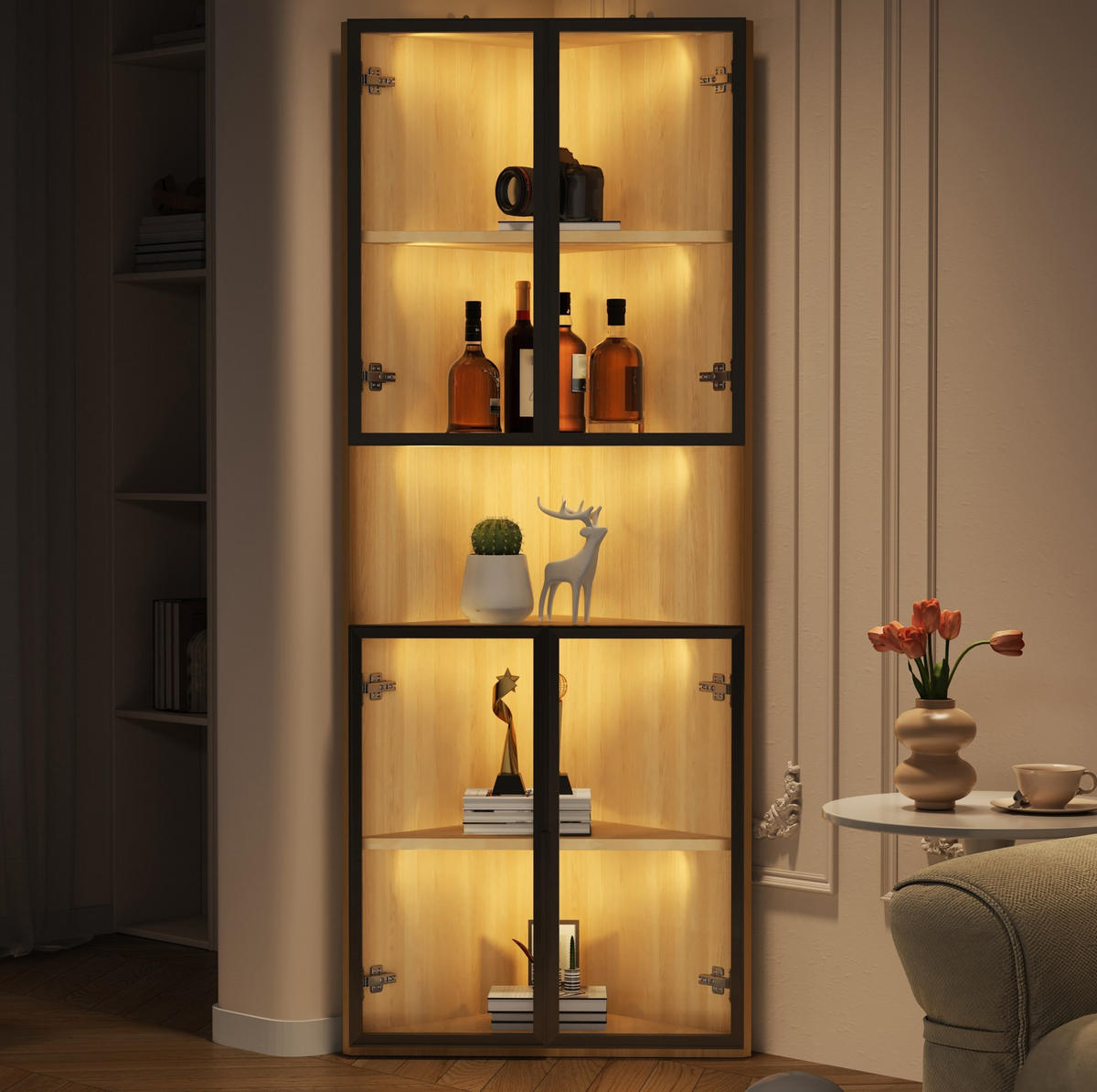 VITRINE mit LED-Beleuchtung 62x32x160 cm MDF Eichenoptik - Braun, Holzwerkstoff (32/160/62cm) - Beauniv