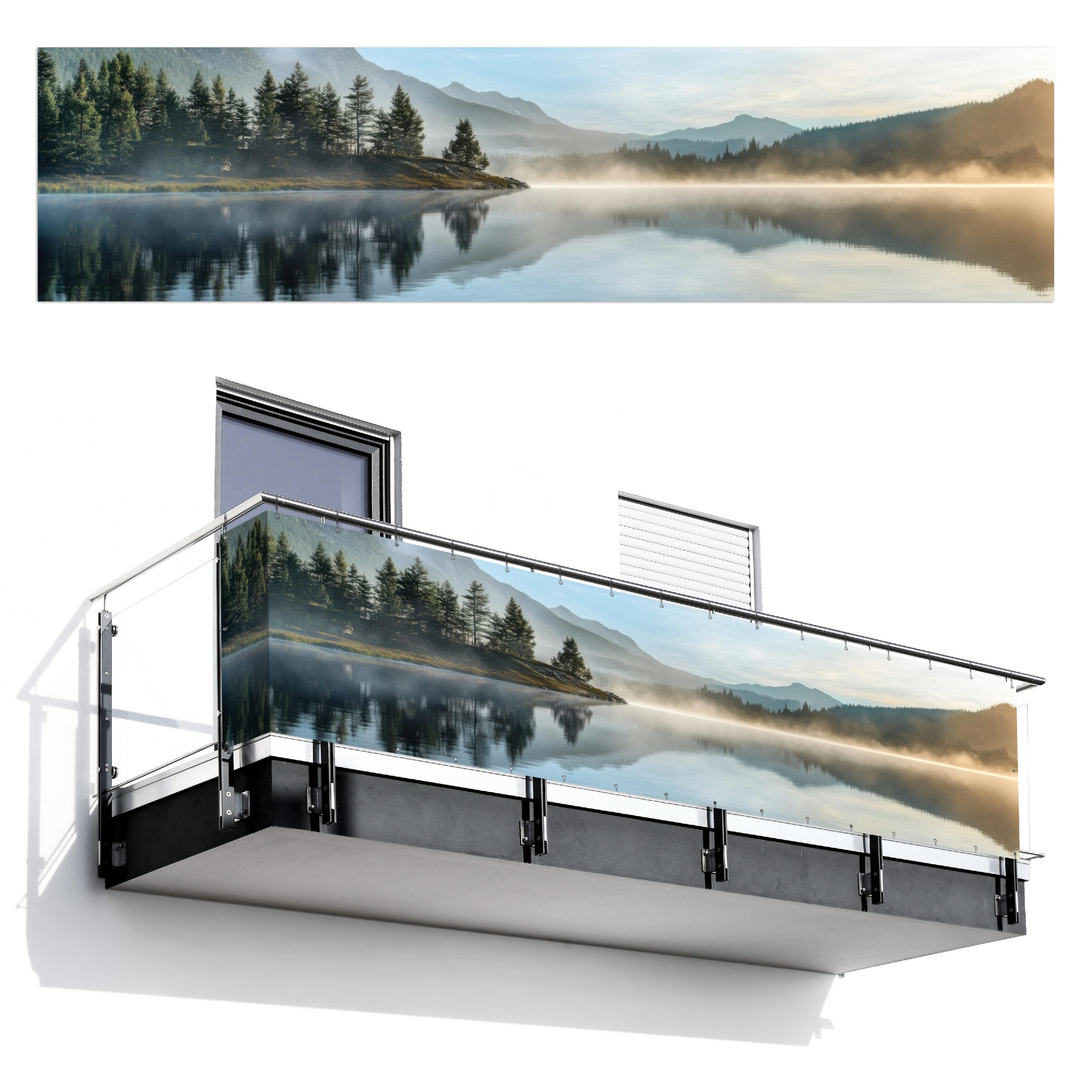 BALKON-SICHTSCHUTZ See - Nebel - Berge - Landschaft - Hellblau, Kunststoff (500/120cm) - MuchoWow