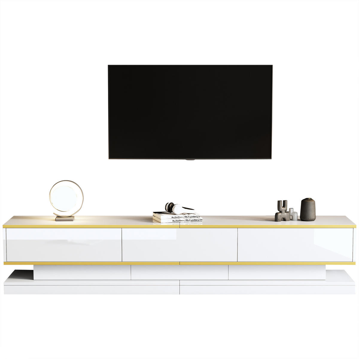 TV-SCHRANK- und Couchtisch-Set 200/40/40 & 100/50/38 cm warmweiß aus Spanplatte mit Schubladen - Weiß, Holzwerkstoff (200/40/40cm) - OKWISH