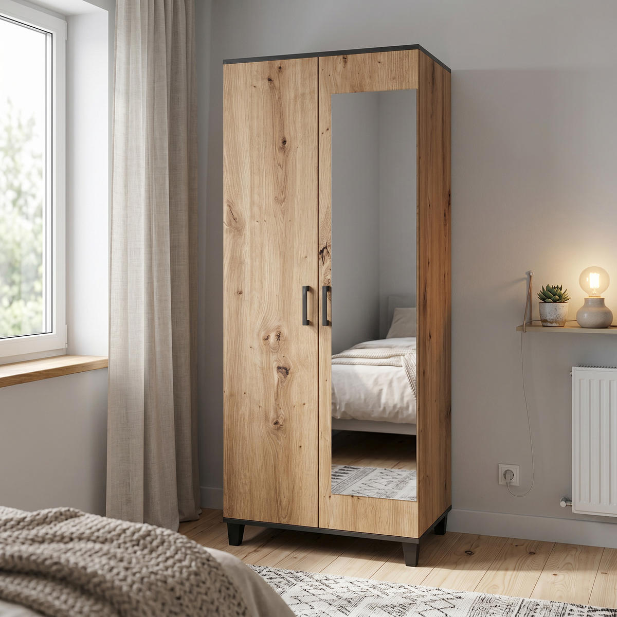 DREHTÜRENSCHRANK CORTEZA 80/193/56cm 2-türig mit Spiegel Eiche Artisan - Eiche Artisan, Holzwerkstoff (80/193/56cm) - MASSENO