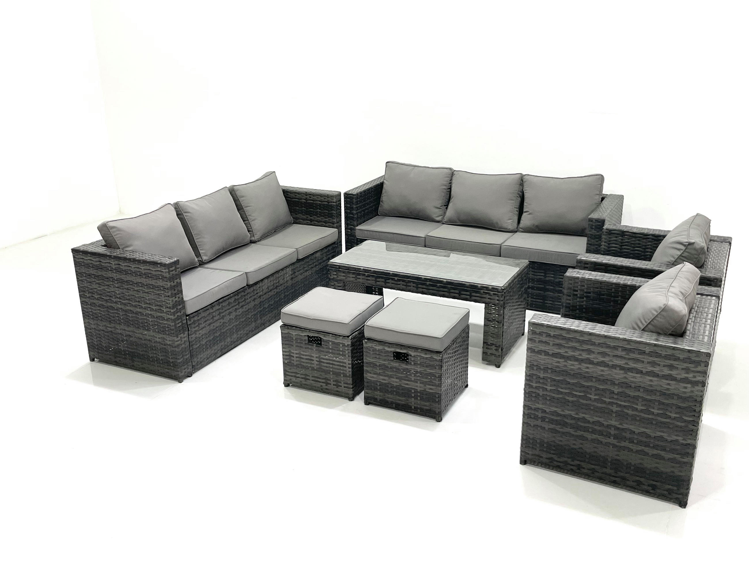 GARTENMÖBEL COUCHTISCH SET mit Sofa Polyrattan Outdoor 10-Sitzer - Dunkelgrau/Grau, Glas/Kunststoff - Fimous