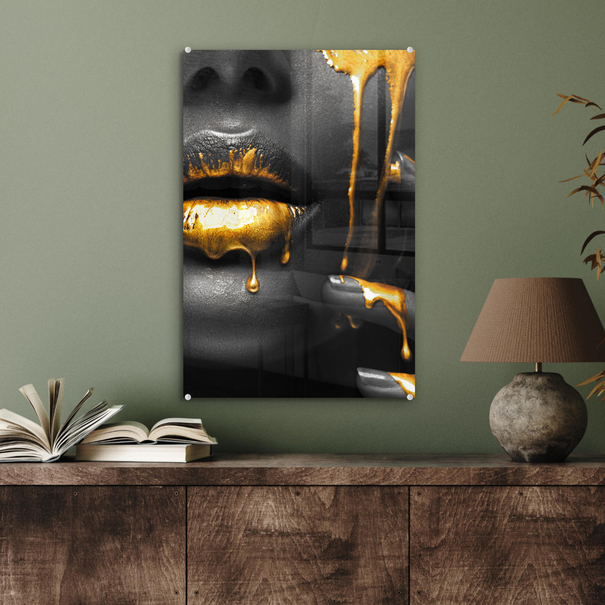 ACRYLGLASBILD Frau - Schwarz - Gold - Gesicht - Lippen 40x60 cm - Goldfarben, Glas (40/60cm) - MuchoWow