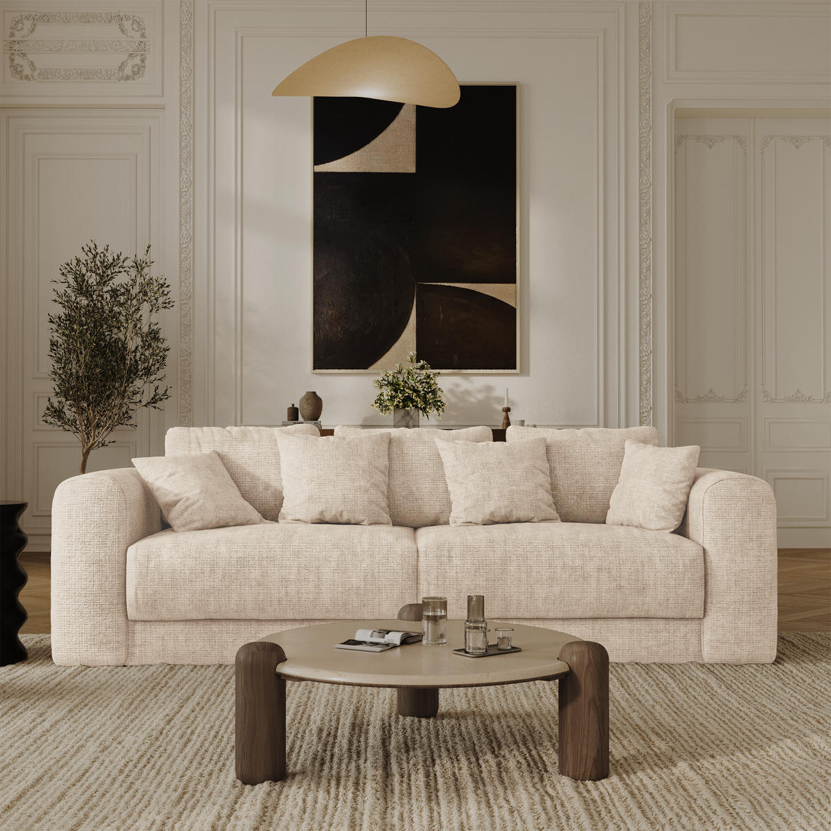 SCHLAFSOFA mit Stauraum in Nussbaum RIO Geprägter Samt Creme 250cm - Creme, Textil (250/90/95cm) - Sia Home