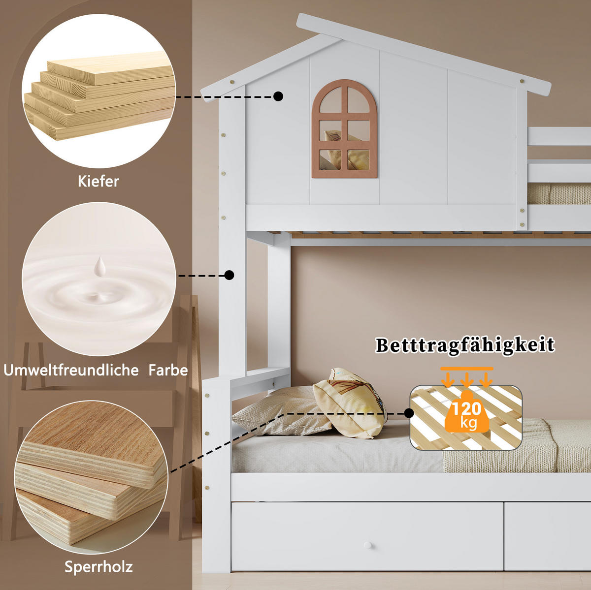 ETAGENBETT 90/200 & 120/200 cm mit Rutsche und 2 Schubladen in Weiß - Weiß, Holz (90/200cm) - BEAOK