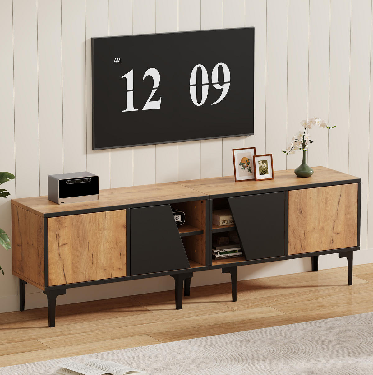 TV ormarić 160/36,5/45 cm s 4 pretinca i 7 potpornih nogu, prirodna boja drva i crna - svijetlo smeđa, drvni materijal (160/45/36.5cm) - Redom