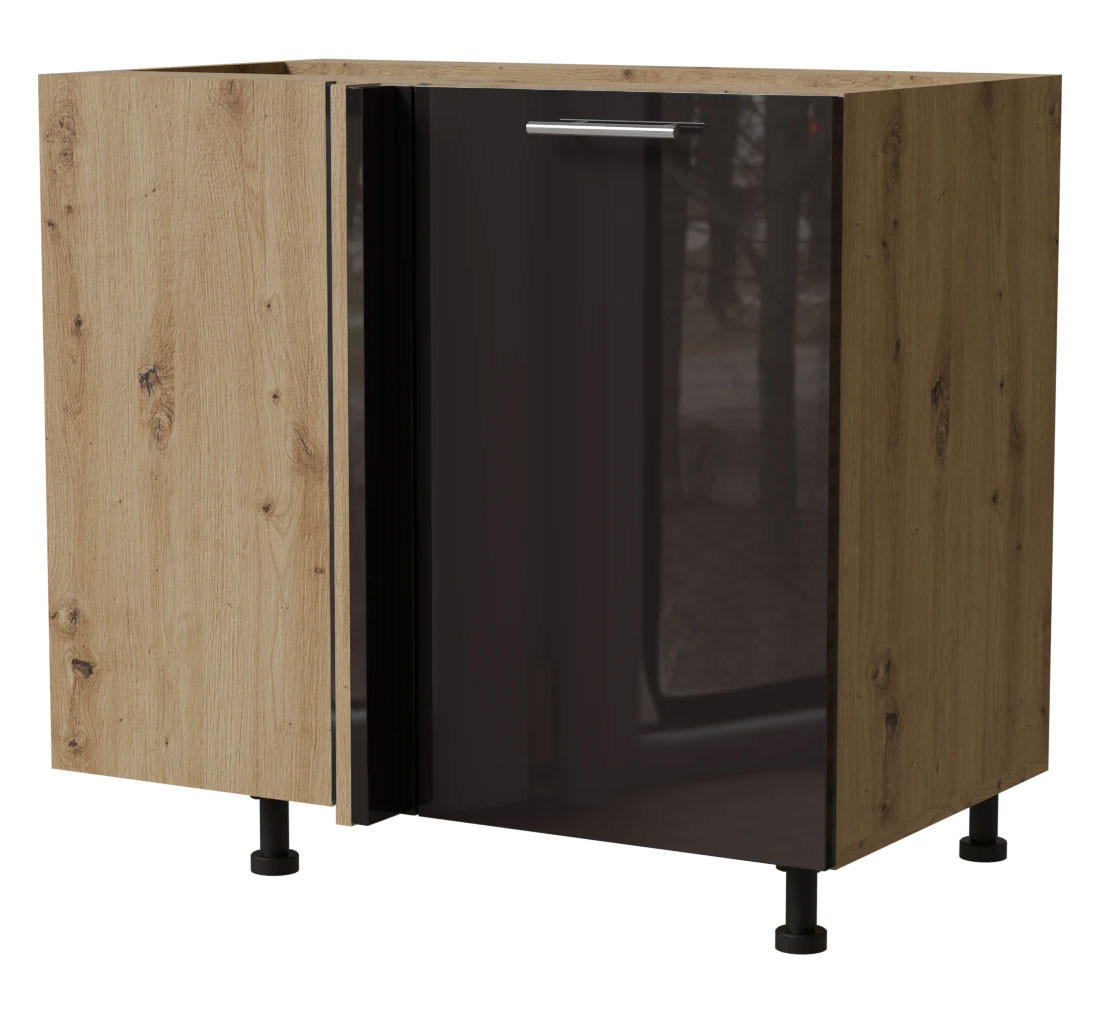Feldmann-Wohnen Eck-Küchenschrank Schwarz Hochglanz, Eiche Artisan 90x82x50 cm