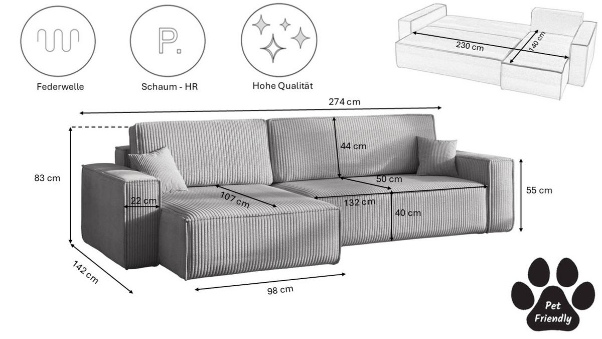 ECKSOFA Mit Schlaffunktion Und Bettkasten, Eckcouch BEST XL Stoff Poso Dicker Cord Grau Links - Schwarz/Grau, Holz/Kunststoff (142/83/274cm) - Kaiser Möbel