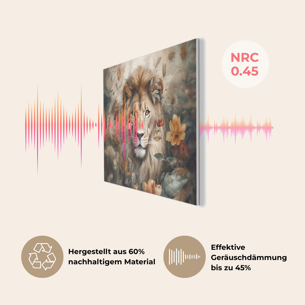 AKUSTIKPANEEL Löwe - Wildtiere - Pflanzen - Natur - Blumen 80x60 cm - Beige, Textil (80/0.9/60cm) - MuchoWow