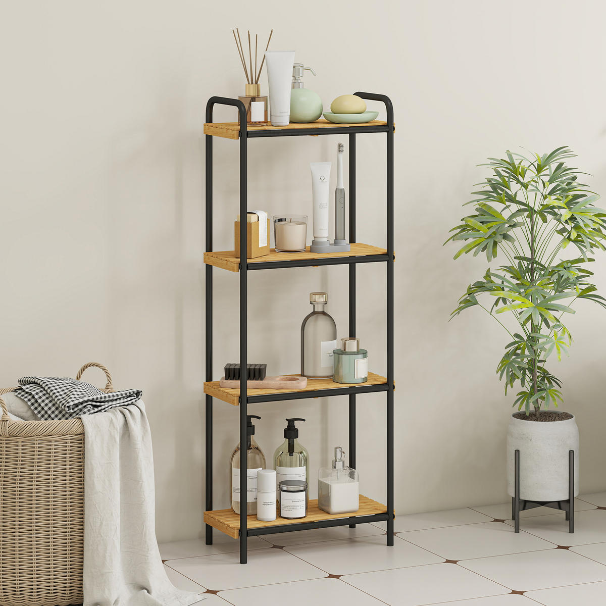 BADEZIMMERREGAL DE-17341 4 Ebenen, schmal aus Bambus & Stahl Natur - Schwarz, Naturmaterialien (21.5/106/41.5cm) - ComfortXL