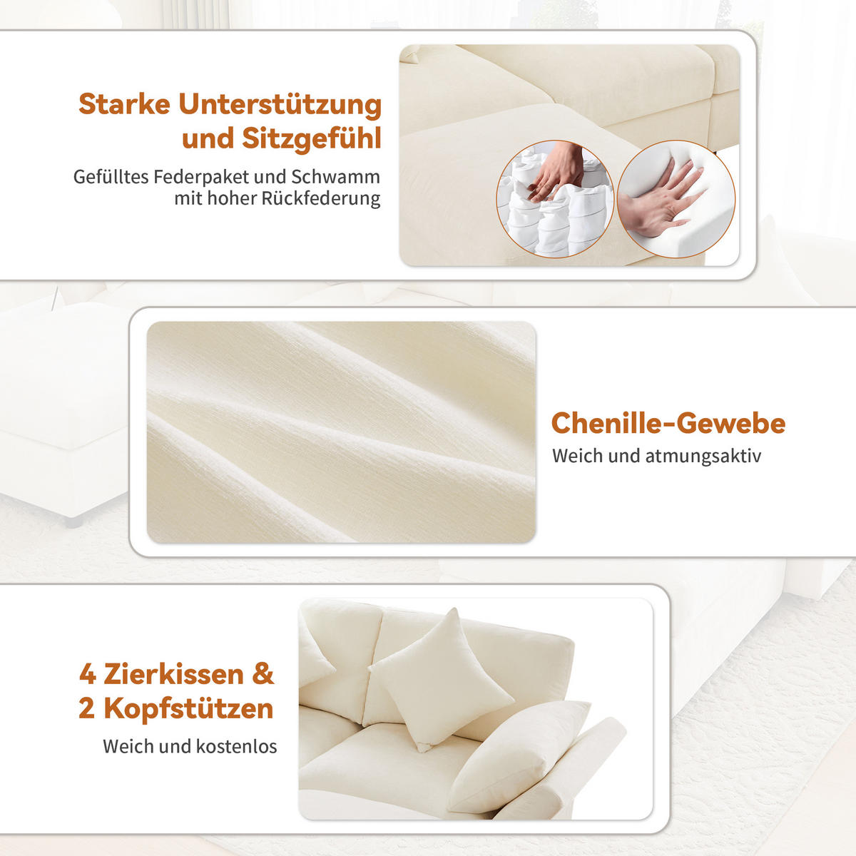 WOHNLANDSCHAFT 284/156.5/86 cm Beige mit 2 Hockern und verstellbaren Armlehnen - Beige, Textil (284/86/156.5cm) - Oxeza