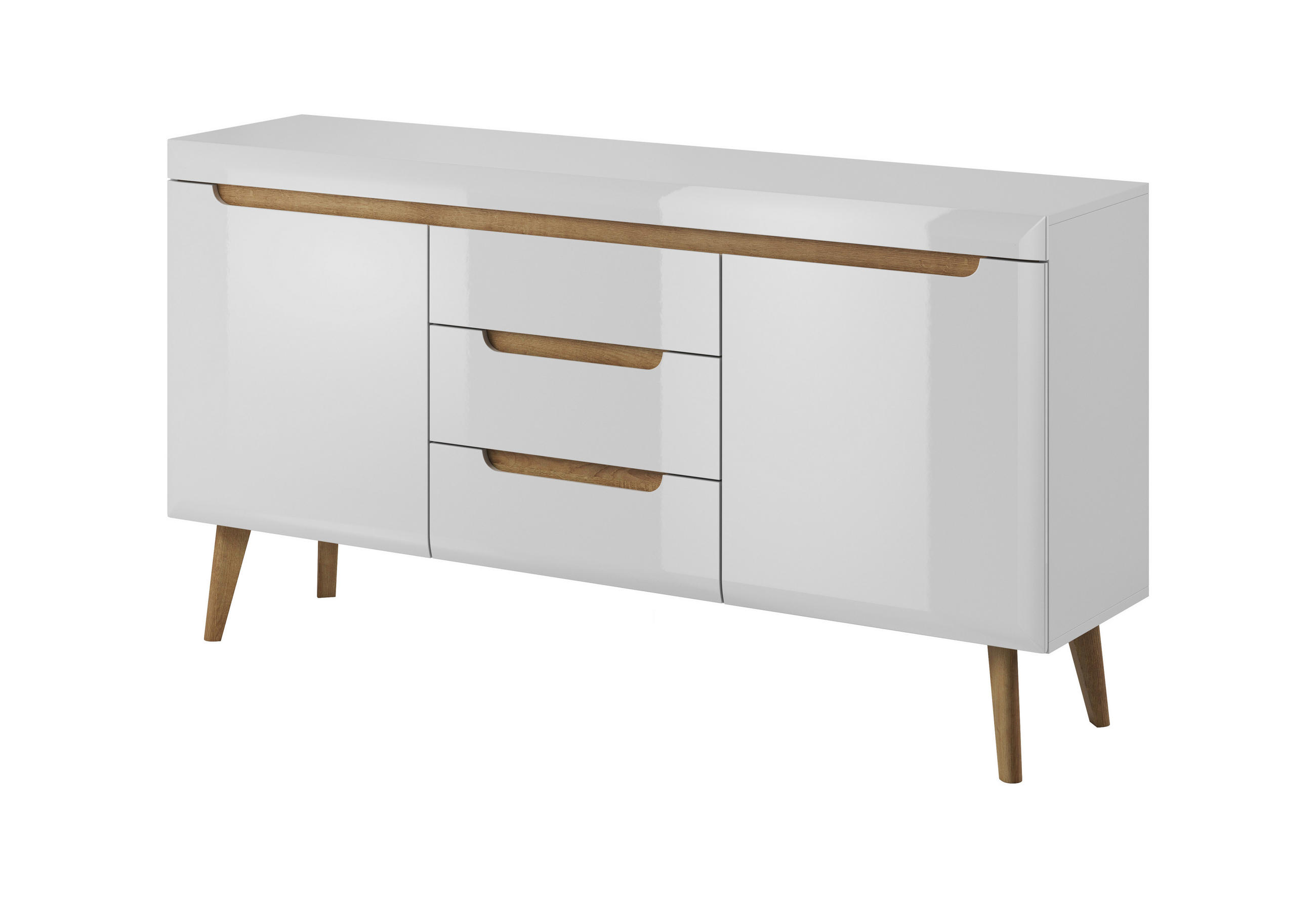KOMMODE Nodis Weißer Glanz, Eiche Beine, Schubladenkommode - Braun/Weiß, Holzwerkstoff (160/83/40cm) - Bettso