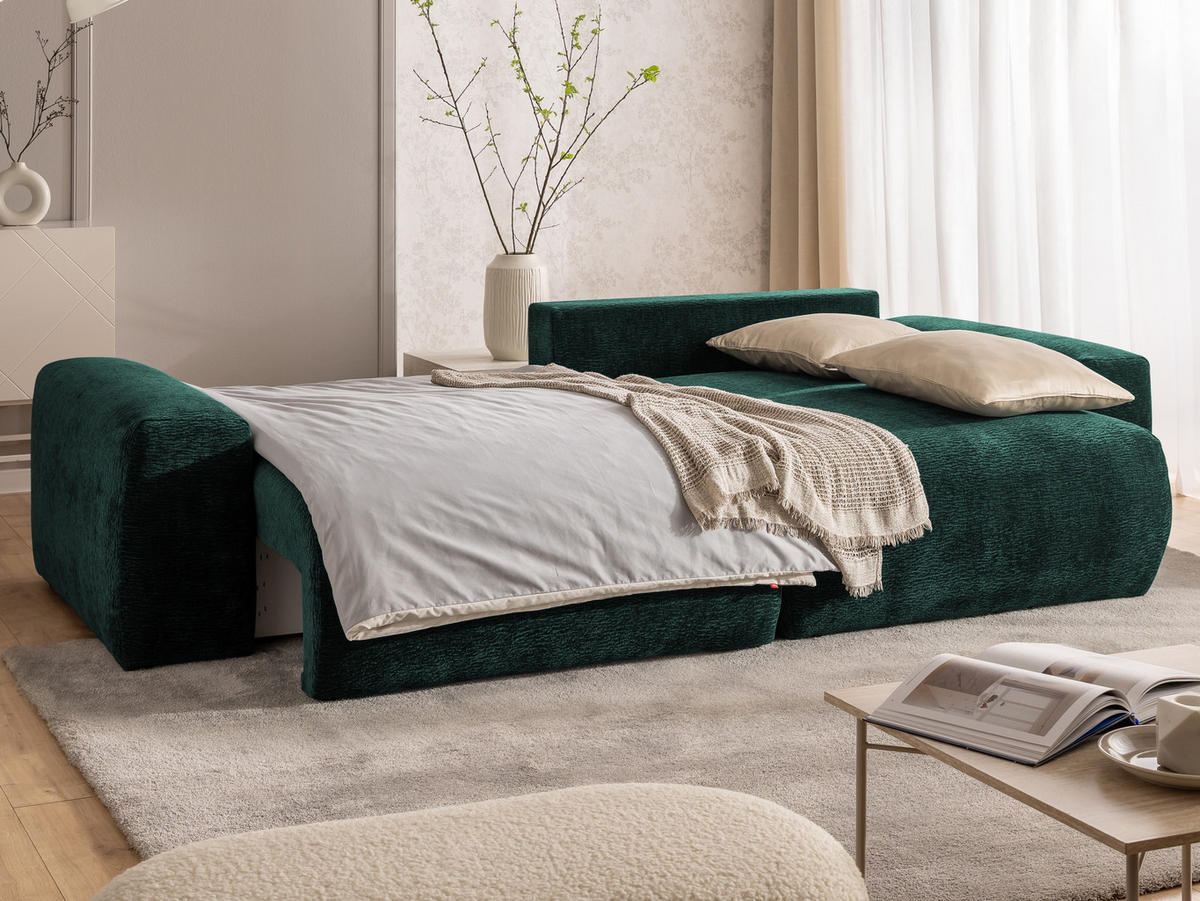 ECKSOFA Puffy mit Schlaffunktion und Bettkasten - besonders weich und puffig aus Grün Stoff mit Chenillestruktur - Ottomane rechts - Schwarz/Grün, Holz/Kunststoff (266/138cm) - S-Style Möbel