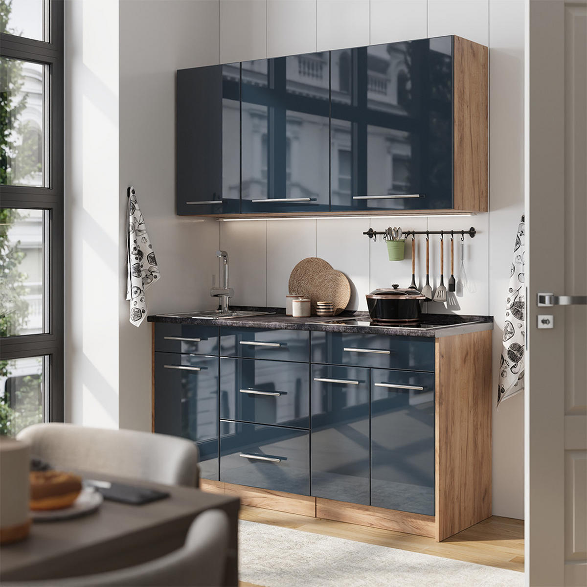 SAMOSTATNÁ KUCHYŇA Fame-Line, Tmavo modrá vysoký lesk/Dub Goldkraft, 150 cm, AP Marble - tmavomodrá/dub medový, kompozitné drevo (150/82/60cm) - Vicco