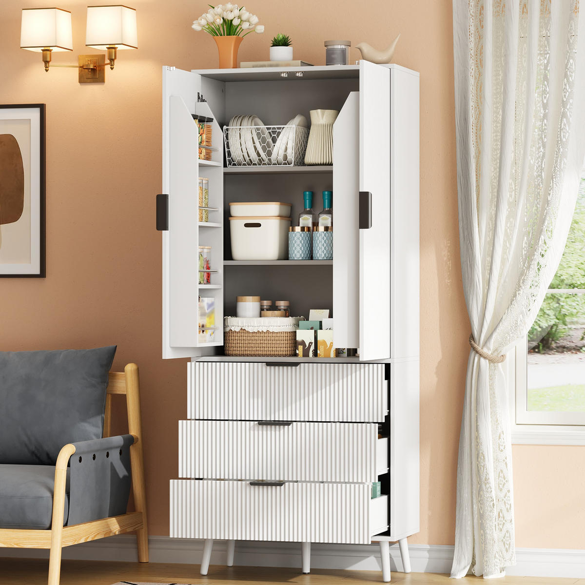 HIGHBOARD DE-38756 75/35/180 cm 2 Türen und 3 Schubladen Weiß - Weiß, Holzwerkstoff (75/180/35cm) - ComfortXL