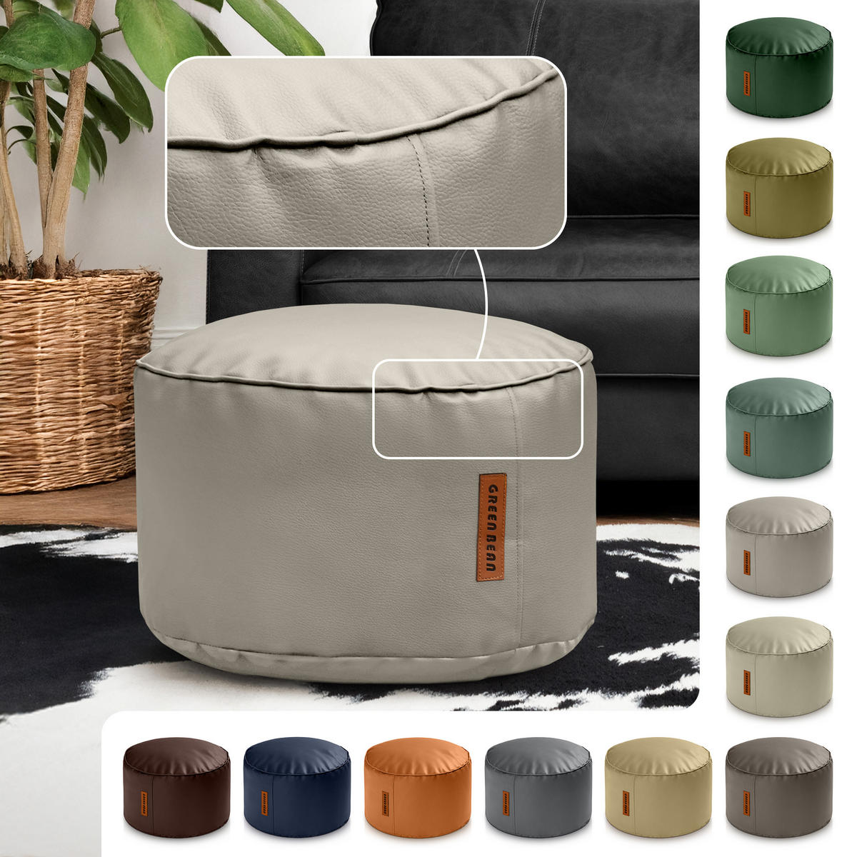INDOOR HOCKER Stay rund Kunstleder - Hellbraun, Textil (43/30/30cm) - Green Bean