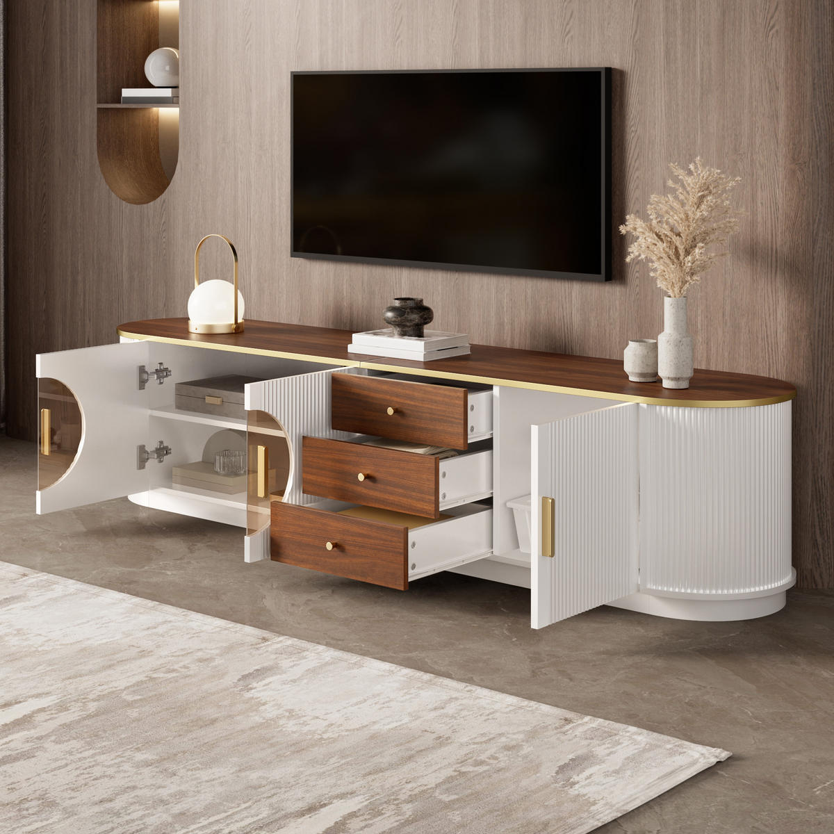 TV-ELEMENT 180/40/46 cm Weiß mit 3 Schubladen und Aluminiumgriffe - Weiß, Holz (180/46/40cm) - Oxeza