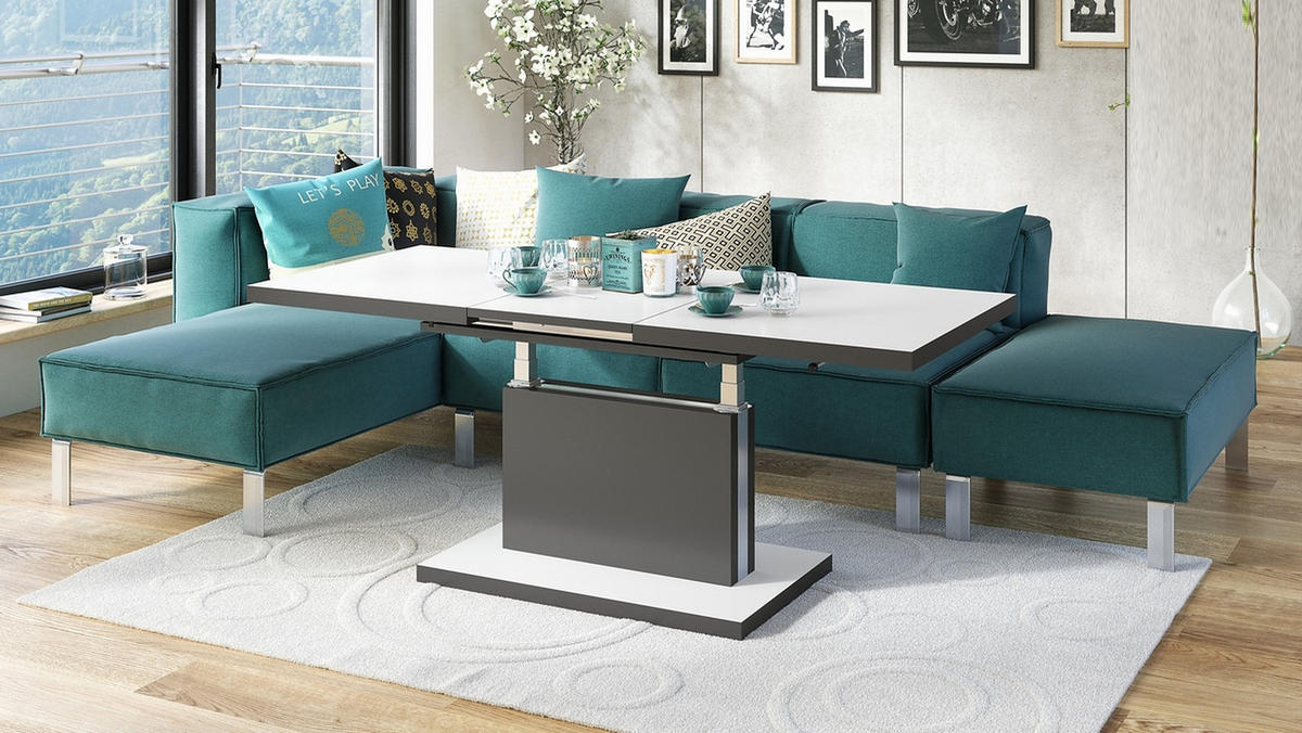 COUCHTISCH rechteckig Weiß matt - Anthrazit matt ausziehbar höhenverstellbar - Anthrazit/Weiß, Holzwerkstoff (70/120/56cm) - designimpex