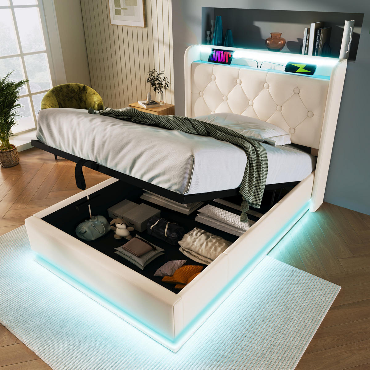 POLSTERBETT mit LED und Stauraum 90x200 cm PU Weiß mit Matratze - Weiß, Metall (90/200cm) - Meubliv