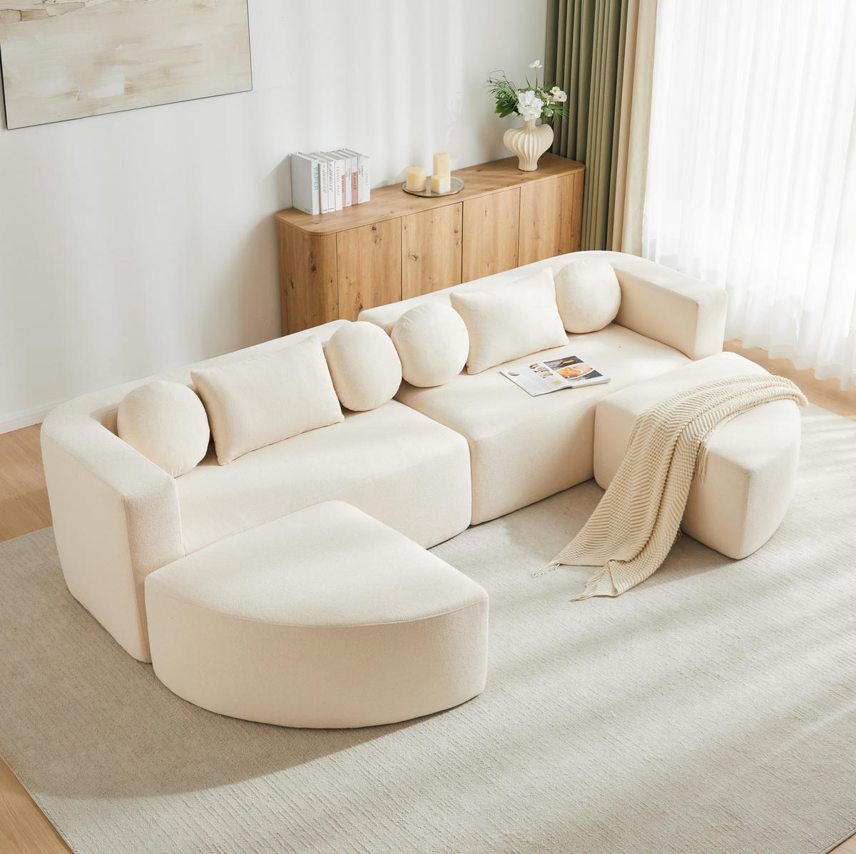 MODULÁRNÍ rozkládací pohovka z chenillu 292x68x165 cm béžová bez montáže s vysokou elasticitou - béžová, textil (292/68/165cm) - Modfu