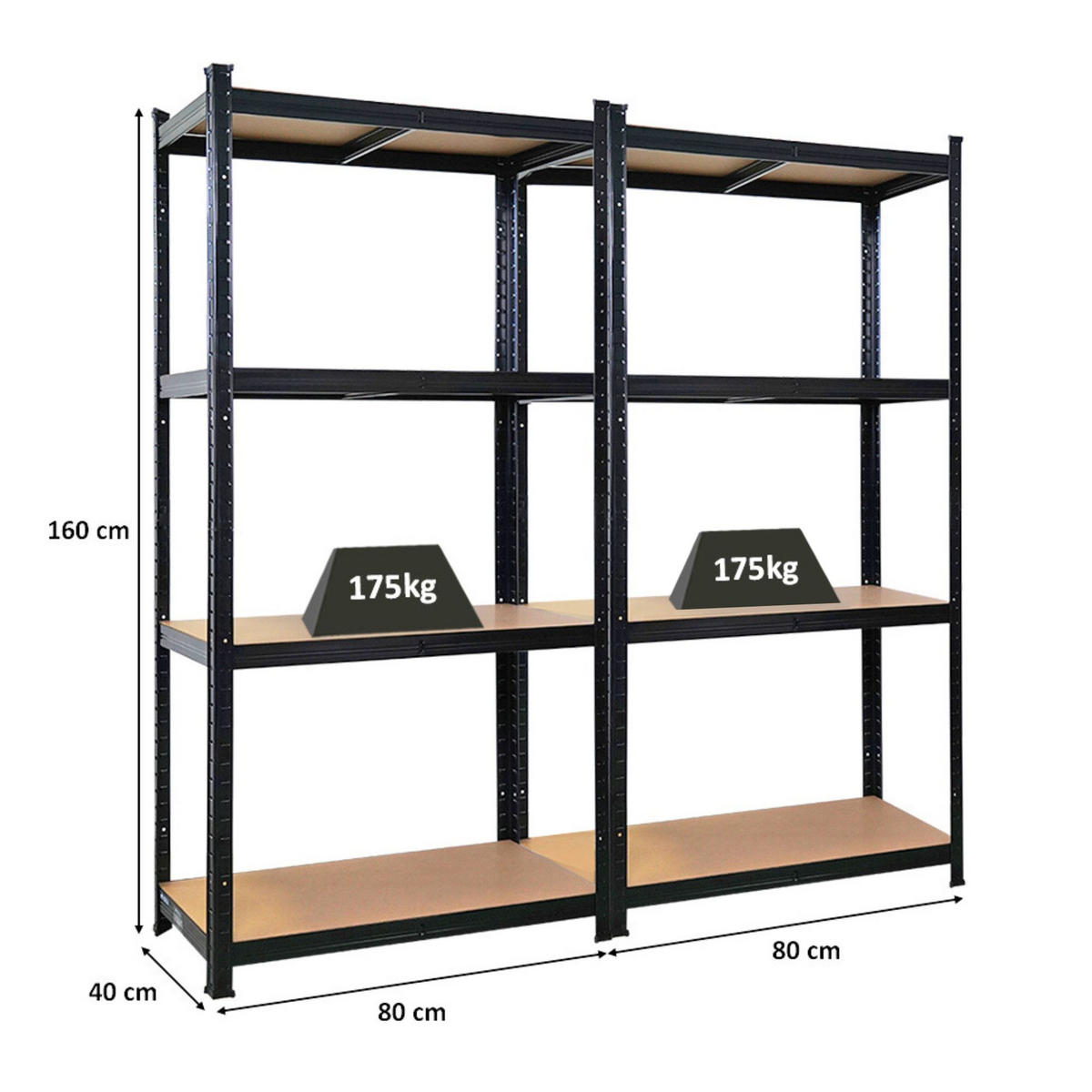 KELLERREGAL Gorilla 2er-Set mit 2x 160x80x40cm Fachlast 175 kg Schwarz - Schwarz, Metall (80/160/40cm) - PROREGAL