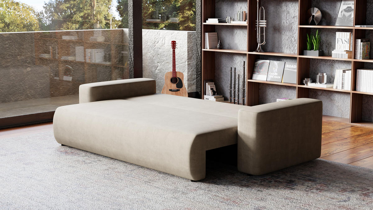 SOFA Bubi mit Bettkasten und Schlaffunktion, Velourstoff - Beige, Holzwerkstoff (242/85/95cm)