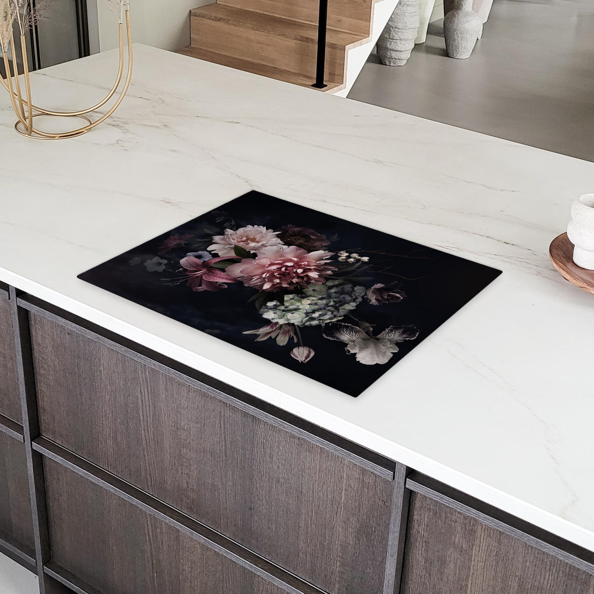 HERDABDECKPLATTE Blumen - Vintage - Pastell - Rosa - Weiß Induktionsmatte 71x52 cm - Altrosa, Kunststoff (71/52/0.2cm) - MuchoWow