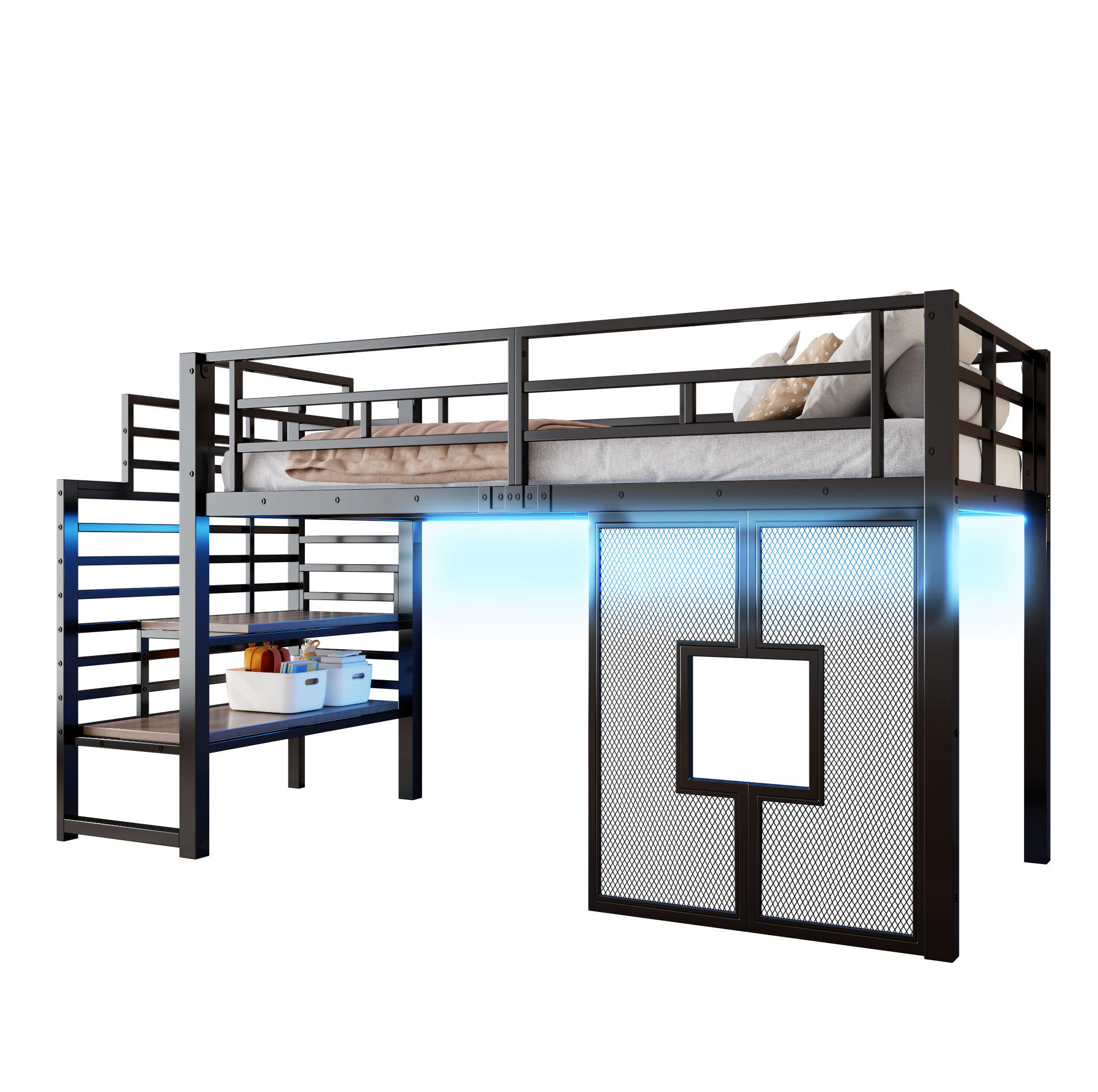 HOCHBETT 90x200 cm in Schwarz mit Stauraumtreppe, LED-Beleuchtung und Fenstern - Schwarz, Metall (90/200cm) - IVMEU