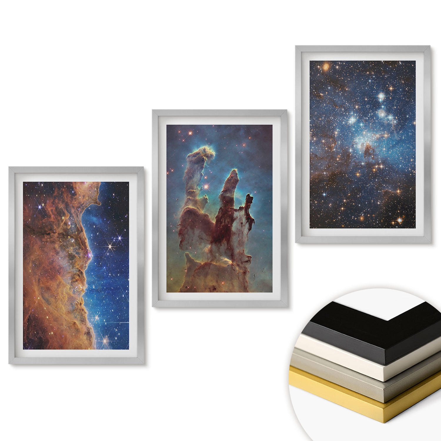 WANDBILDER 3er Set - 40x60 cm Silberner Rahmen - Weltraumlandschaften von Galaxien - Silberfarben, Kunststoff (40/60cm) - ArtPrintCave