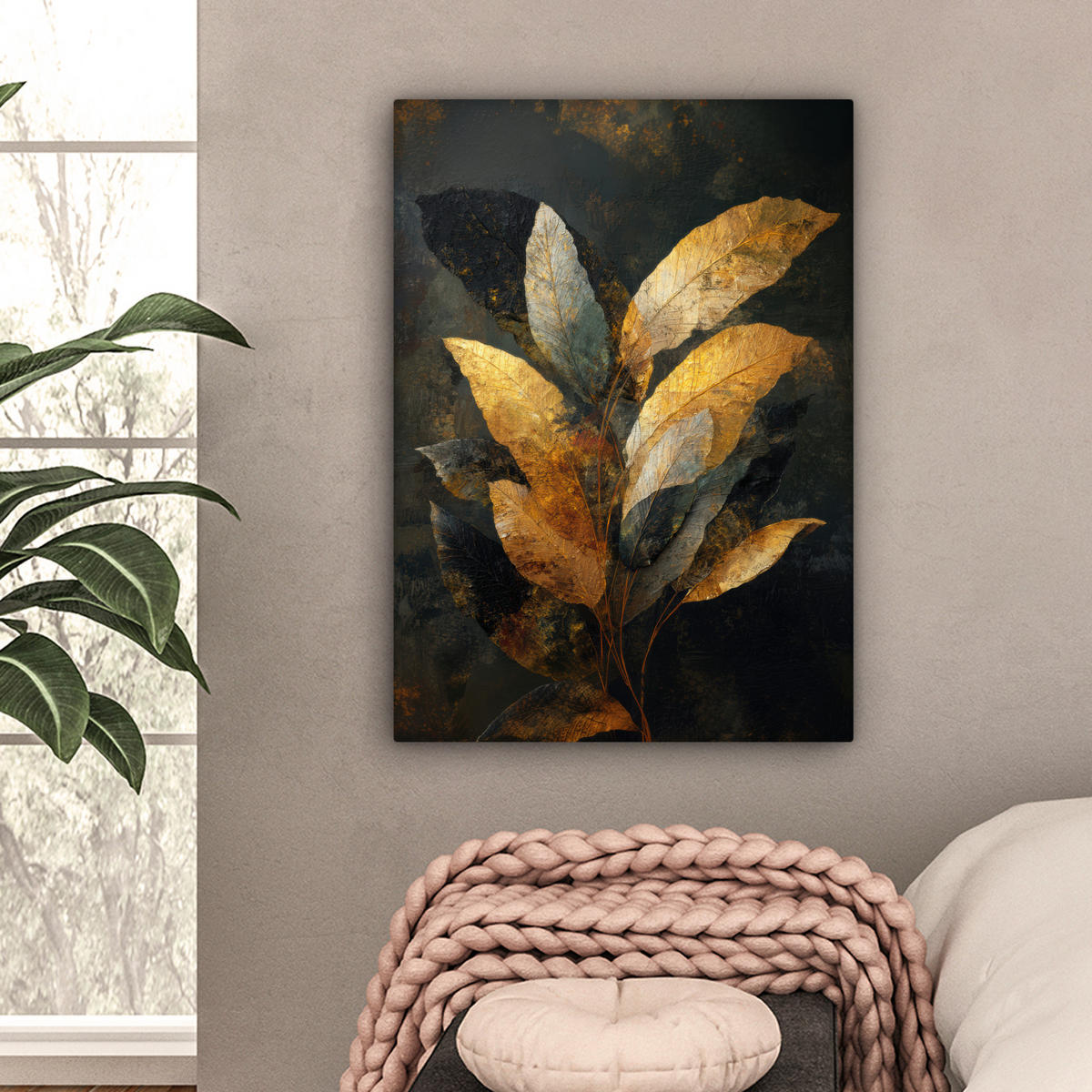LEINWANDBILD Golden Leaf Komposition - Botanical Luxury Wandbild Wohnzimmer 60x80 cm - Goldfarben/Schwarz, Textil (60/80cm) - MuchoWow