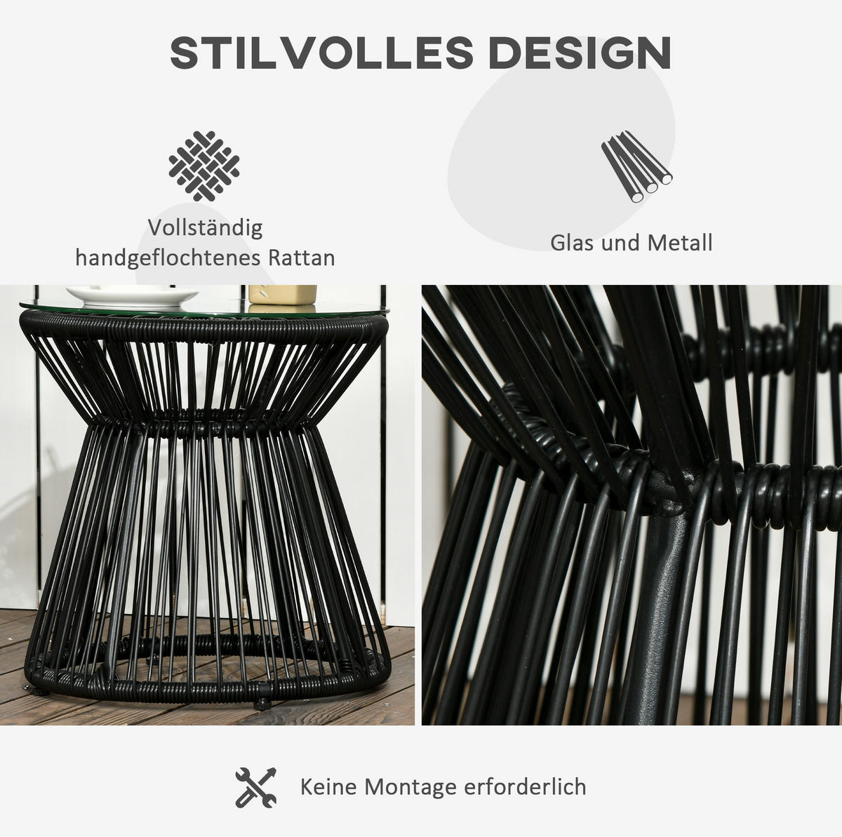 GARTENTISCH Beistelltisch 40/40/42 cm aus PE-Rattan mit gehärteter Glasplatte Schwarz - Schwarz, Metall (40/40/42cm)