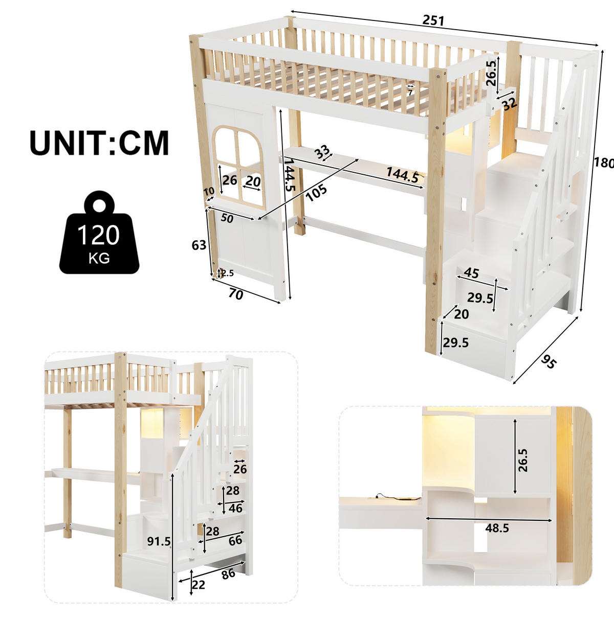 HOCHBETT 90/200 cm mit LED-Leuchten und Schreibtisch in Weiß und Natur mit Matratze - Weiß, Holzwerkstoff (140/200cm) - OKWISH