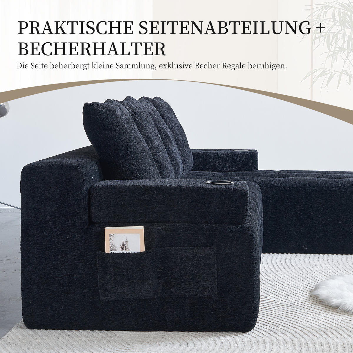 ECKSOFA Chenille Schwarz mit Becherhaltern und Seitenfach - Schwarz, Textil (260/168cm) - WISHDOR