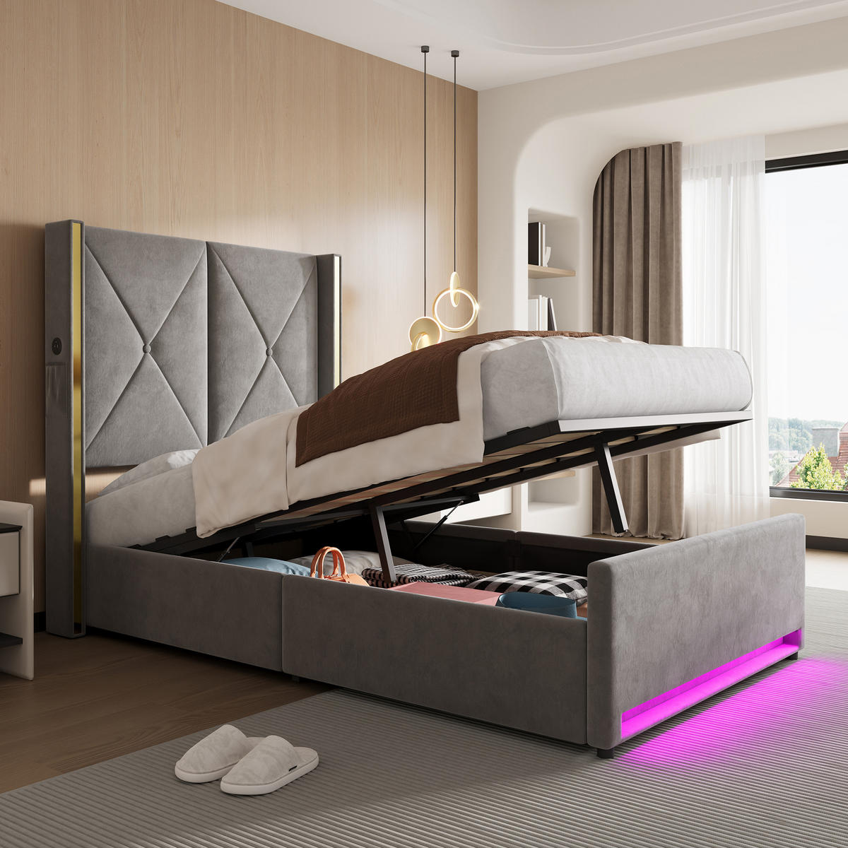 POLSTERBETT 90/200 cm in Dunkelgrau mit Bettkasten, LED, USB und Type-C Samt - Dunkelgrau, Holzwerkstoff/Textil (90/200cm) - STILVORA