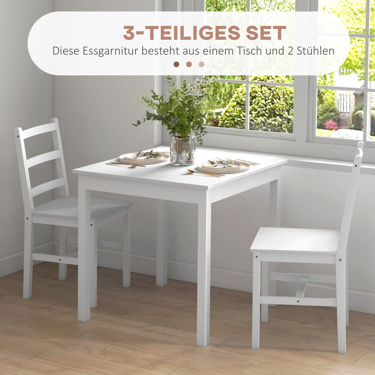 ESSGRUPPE 3er-Set, Esstisch mit 2 Stühlen, Küchentisch-Set für 2 Personen, Holz - Weiß, Holz (75/75/75cm) - HOMCOM