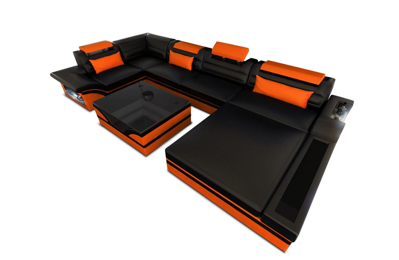 SOFA Mezzo U Schwarz Orange Büffelleder - Schwarz, Leder (372/78/214cm)