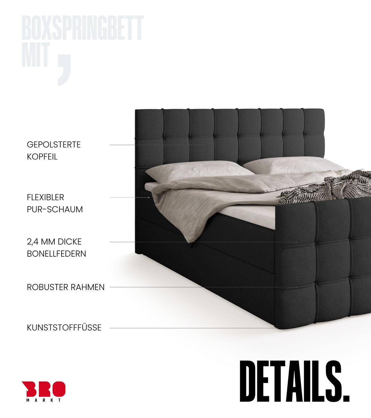 BOXBETT Detroit Duo mit Topper 140/200 Graphite - Graphitfarben, Textil (140/200cm) - Bromarkt