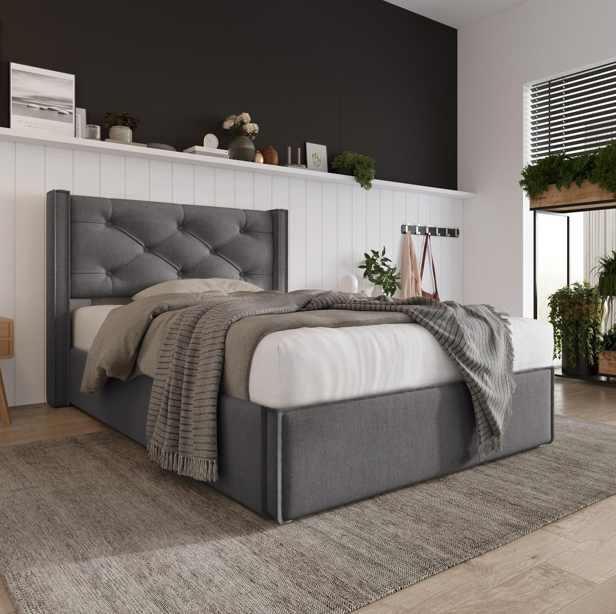 POLSTERBETT 90/200 cm Grau aus Baumwolle mit Stauraum und hochklappbarem Lattenrost - Grau, Textil (90/200cm) - OKWISH