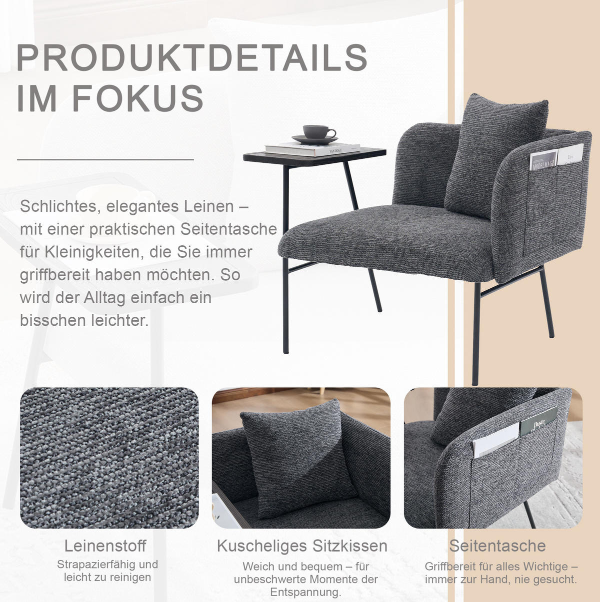 SESSEL 86/72/71 cm in Dunkelgrau mit Beistelltisch und Seitentaschen - Dunkelgrau, Textil (86/71/72cm) - BEAOK