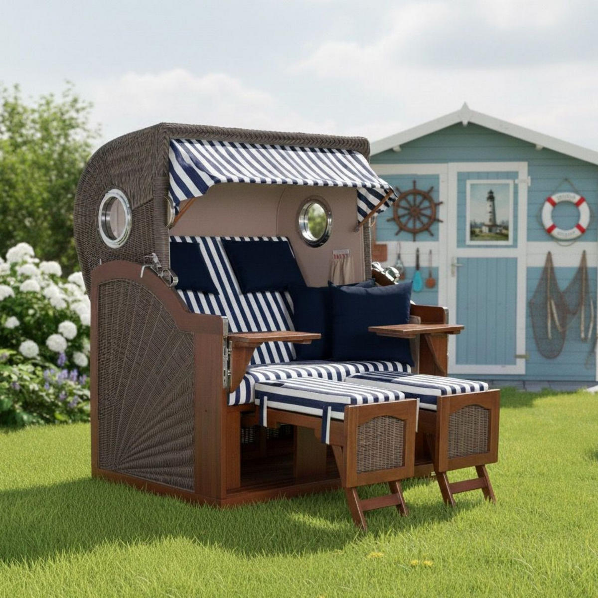 STRANDKORB XXL Düne Grande 2,5 Sitzer - Blau/Braun, Metall (142/170/95cm) - Mr. Deko