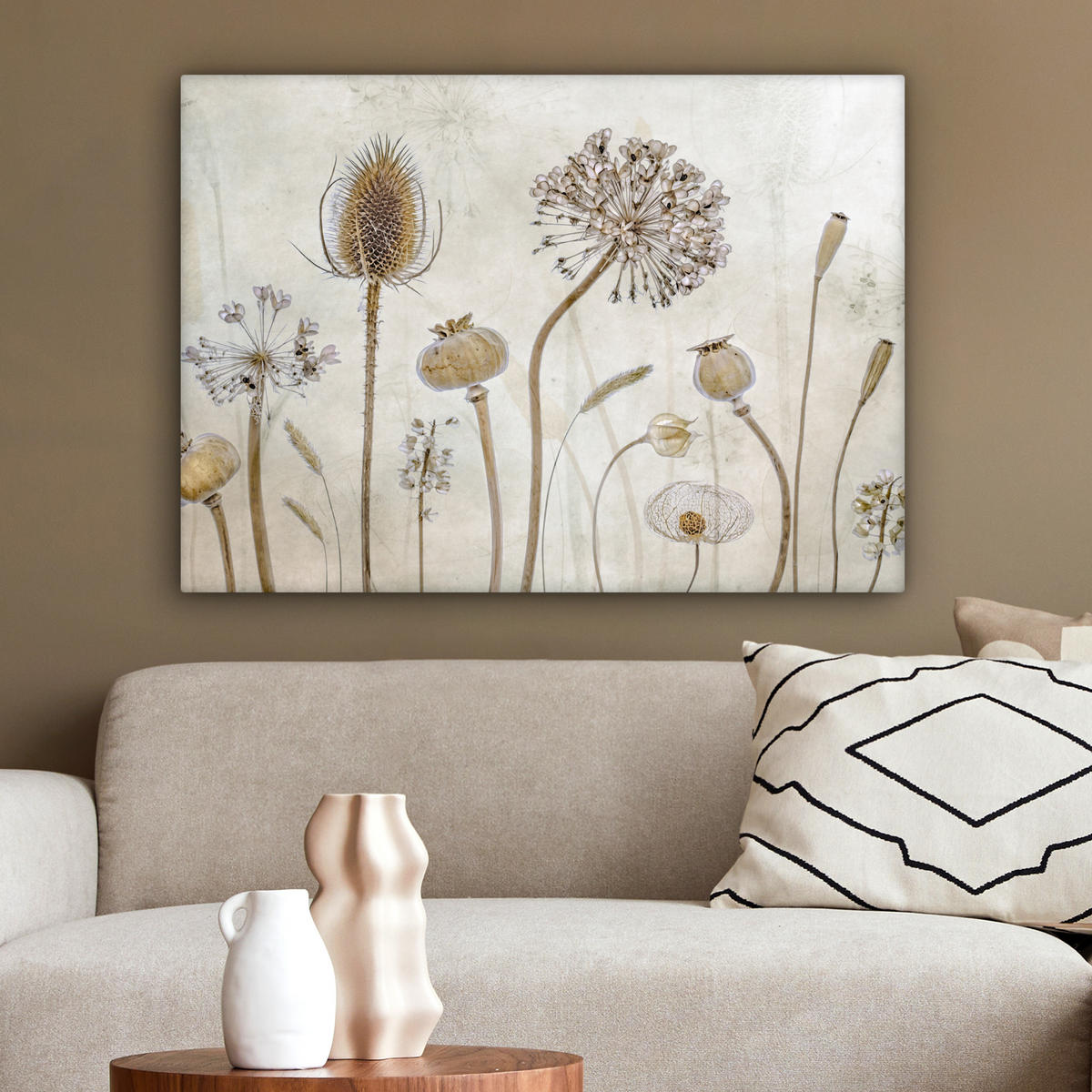 LEINWANDBILD Blumen - Aquarell - Stilleben - Braun - Vintage Wandbilder 80x60 cm - Beige, Textil (80/60cm) - MuchoWow