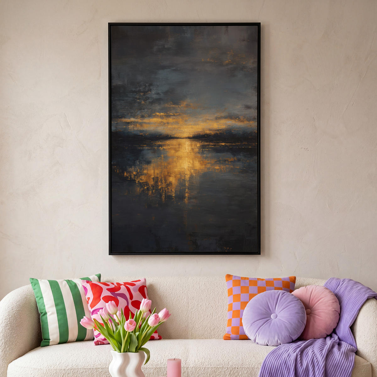 LEINWAND Bilder mit Rahmen - Goldene Reflexion auf dem Wasser - 100x150 - Anthrazit, Textil (100/150cm) - MuchoWow