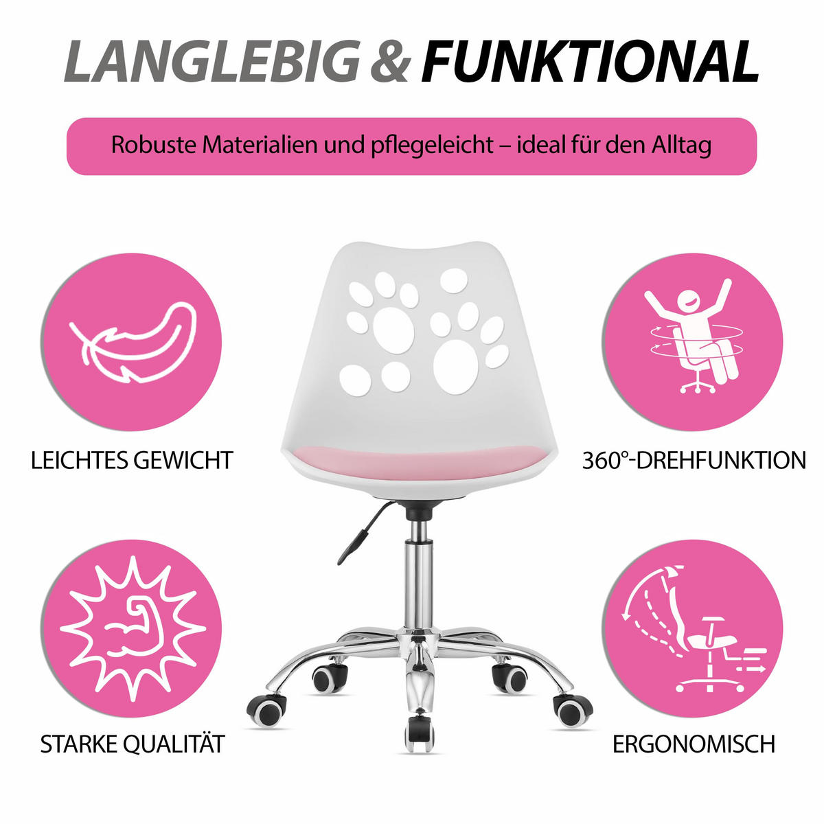 BÜRODREHSTUHL Weiß/Pink, Höhenverstellbar, Rollen, Ohne Armlehnen, Ergonomisch Für Büro Und Schlafzimmer - Weiß, Textil (51/94/58cm) - Best For Home