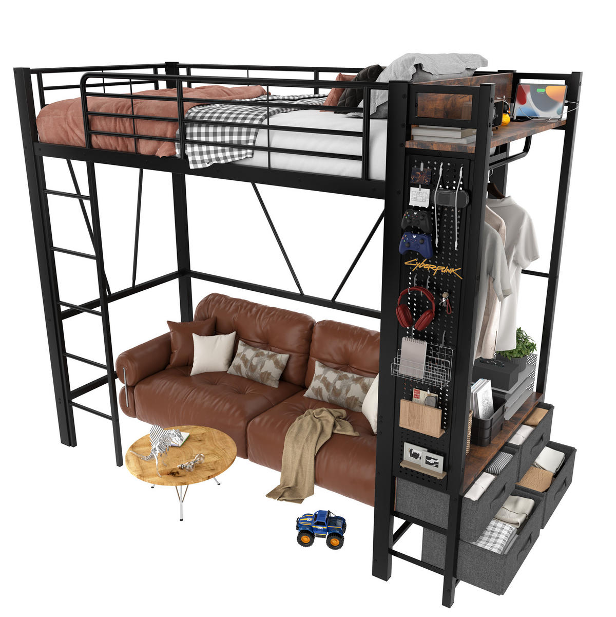 HOCHBETT 90/200 cm in Schwarz – mit Stauraum, LED und USB/Type-C - Schwarz, Metall (90/200cm) - BEAOK